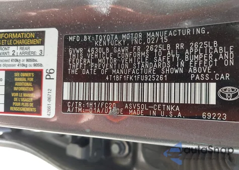 2015 Toyota Camry Le from USA, damaged, VIN 4T1BF1FK1FU925261